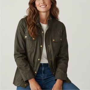 J. Crew Waxed Cotton Olive Green Utility Jacket with Brass Buttons